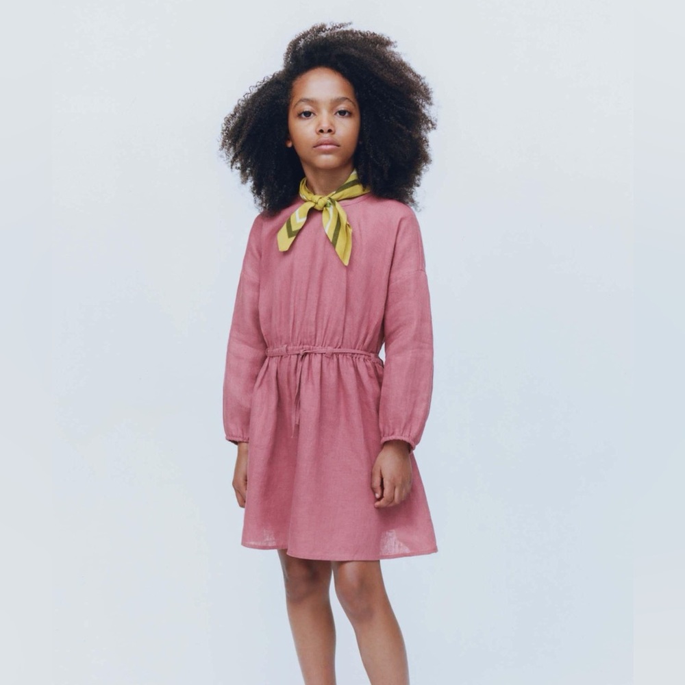 Zara pink linen tie waist long sleeve cutout back dress size 8